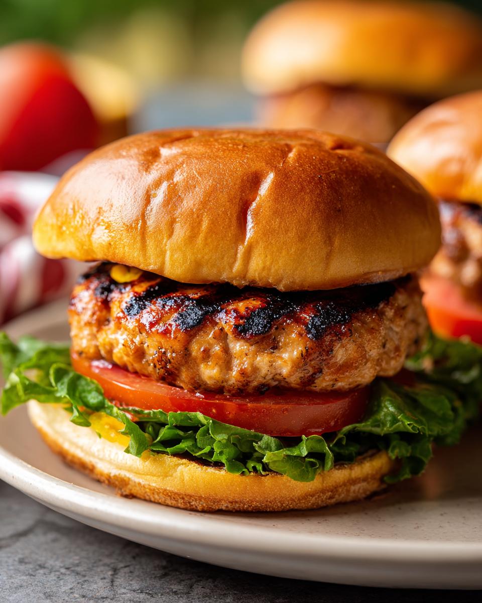 Close-up of a juicy turkey burger with lettuce and tomato on a toasted bun, part of grilling recipes.