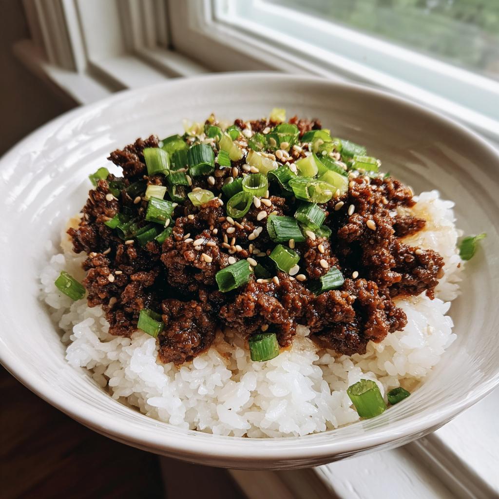 A close-up of Korean beef rice bowls with seasoned ground beef over white rice, topped with green onions and sesame seeds.