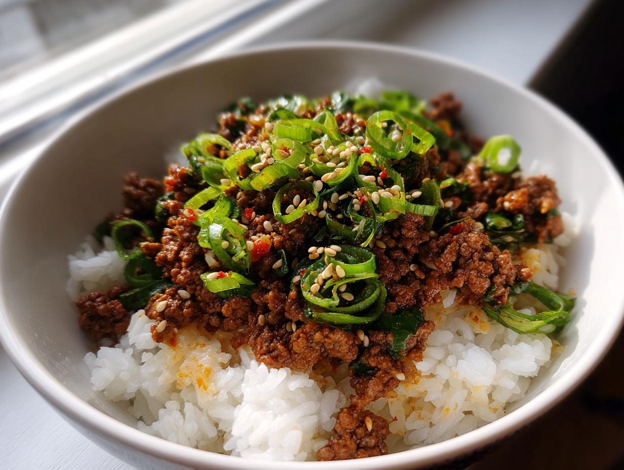 Close-up of Korean Beef Rice Bowls, featuring seasoned ground beef over white rice, topped with green onions and sesame seeds.