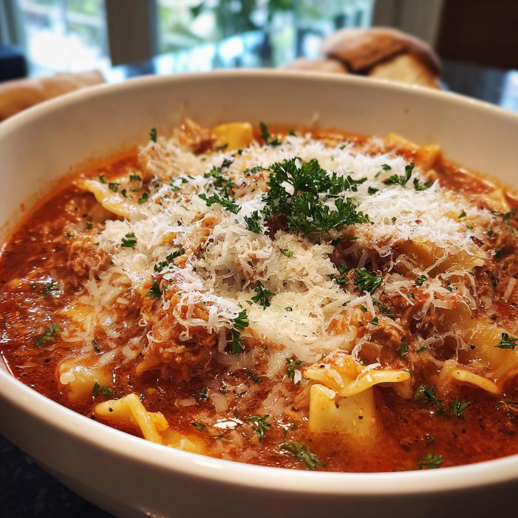 A bowl of hearty lasagna soup topped with plenty of melty cheese and fresh parsley.