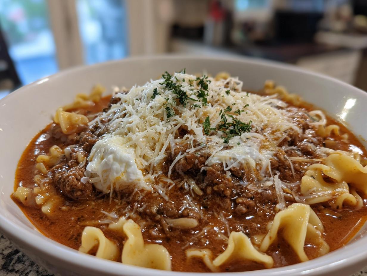 A close-up of a bowl of lasagna soup recipes with melty cheese on top, featuring pasta and rich meat sauce.