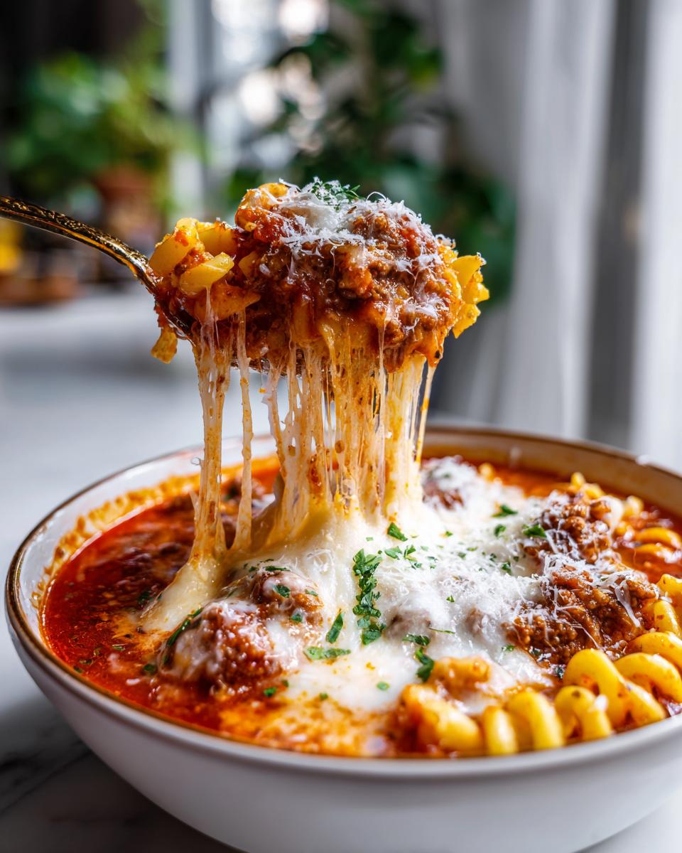 A spoonful of Lasagna Soup with melty cheese stretching, showing pasta, meat sauce, and meatballs.