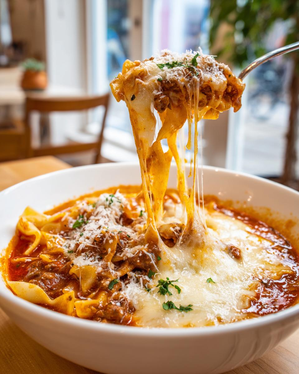 A spoonful of Lasagna Soup with melty cheese stretching, showing pasta, meat sauce, and herbs.