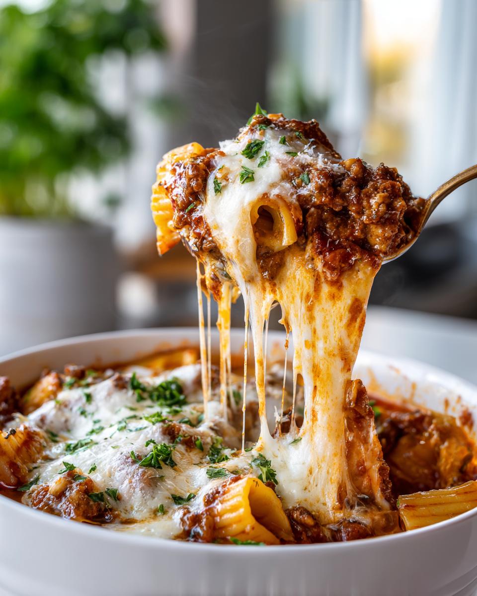 A spoonful of hearty lasagna soup with rich meat sauce and gooey, melty cheese being lifted from a white bowl.