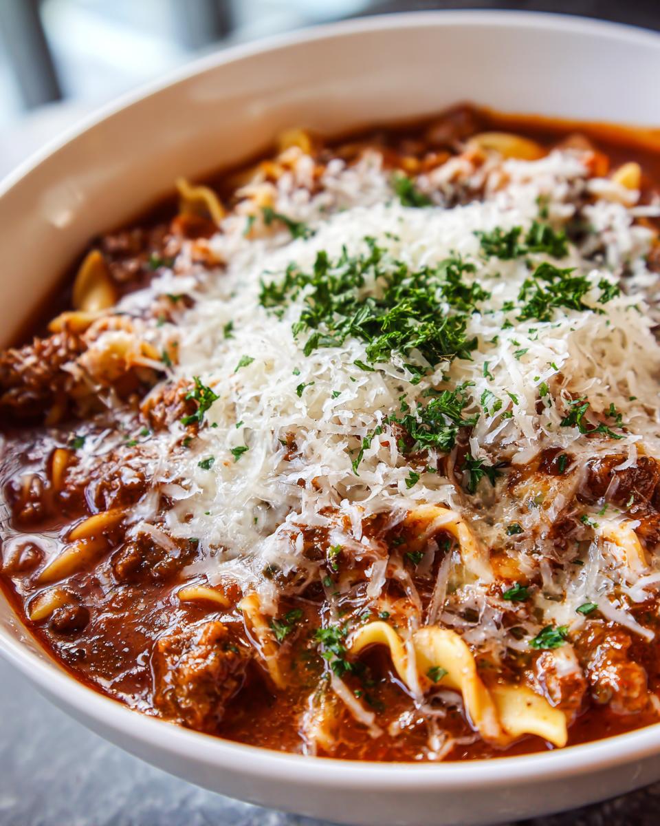 A close-up of a bowl of Lasagna Soup with melty cheese on top and fresh parsley.