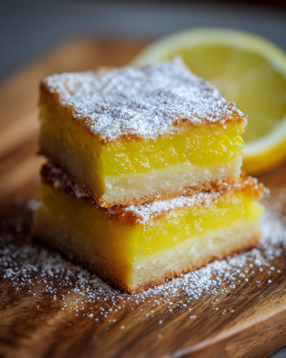 Two stacked lemon bars dusted with powdered sugar, showcasing their bright citrus flavor.