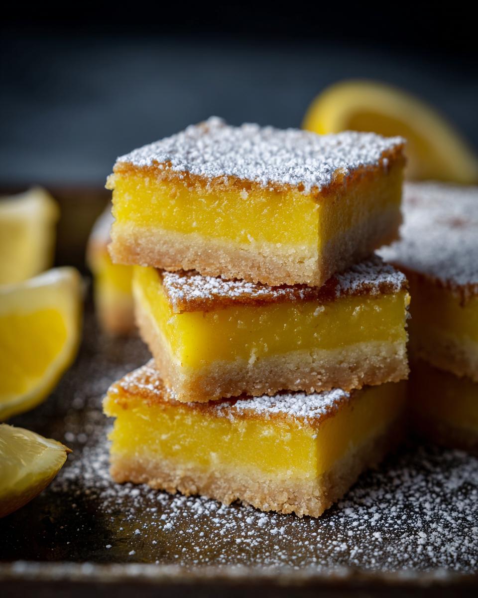 A stack of bright citrus flavor lemon bars dusted with powdered sugar, with lemon slices in the background.