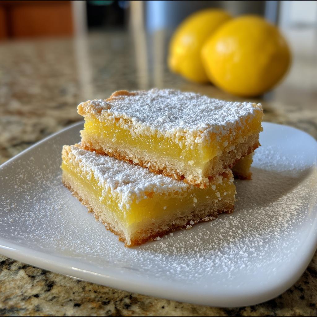 Two bright yellow lemon bars dusted with powdered sugar, stacked on a white plate. Lemons in the background.