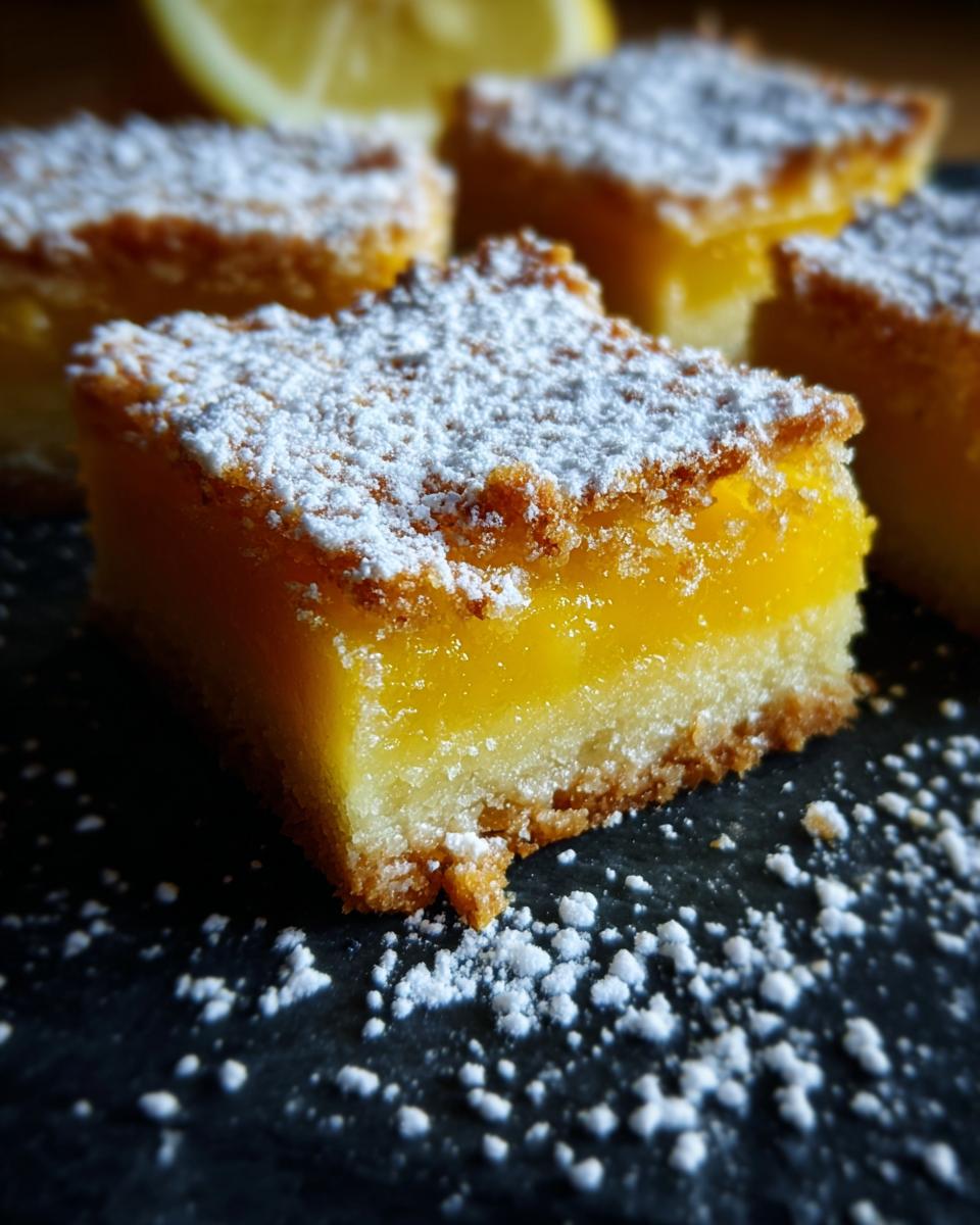 Close-up of a bright citrus lemon bar dusted with powdered sugar, showcasing its vibrant yellow filling and golden crust.