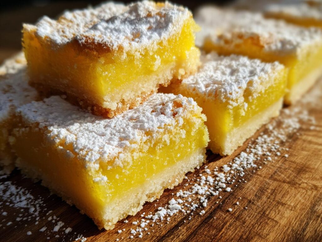 Close-up of delicious lemon bars with a bright citrus flavor, dusted with powdered sugar.