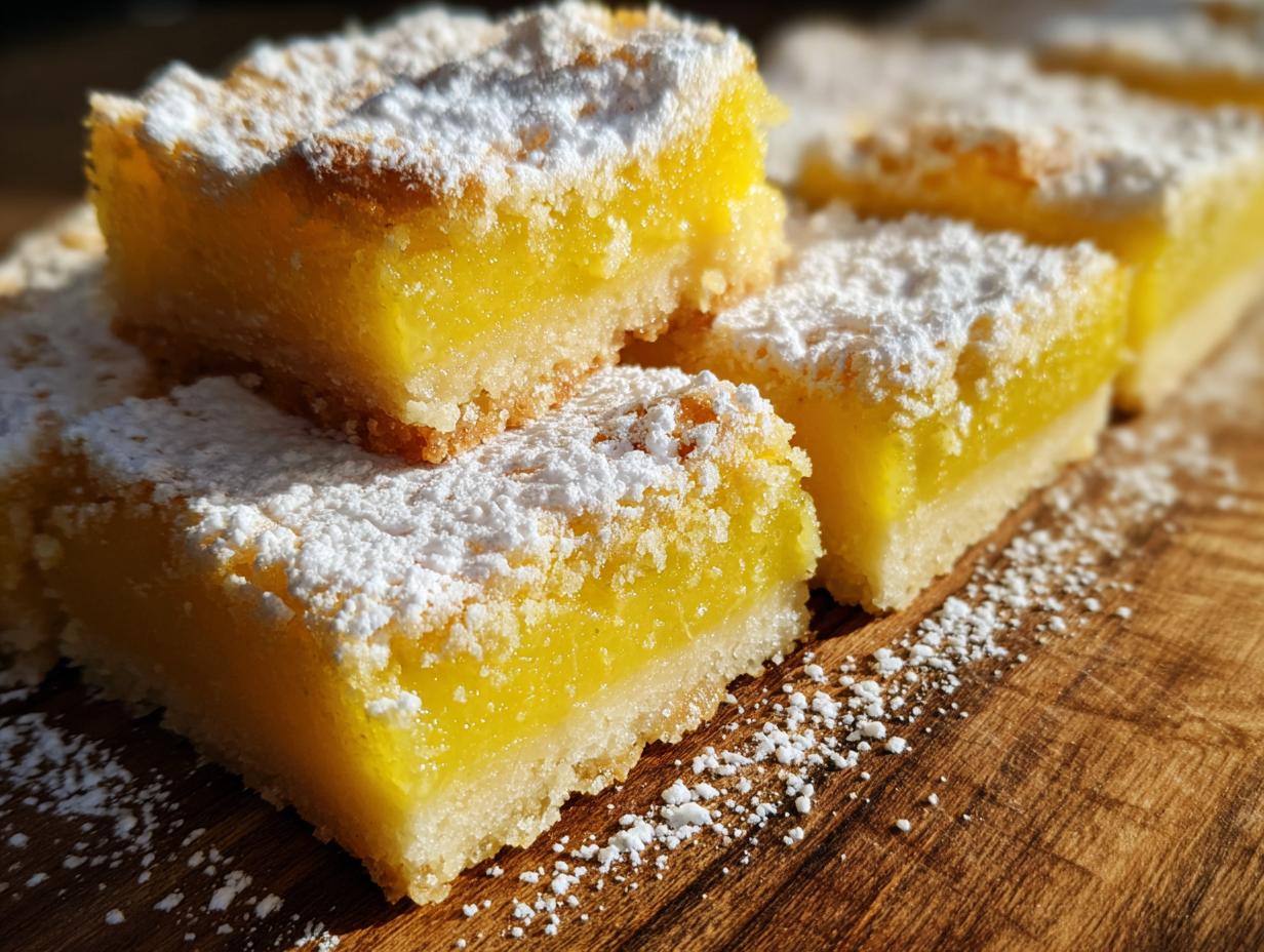 Close-up of delicious lemon bars with a bright citrus flavor, dusted with powdered sugar.