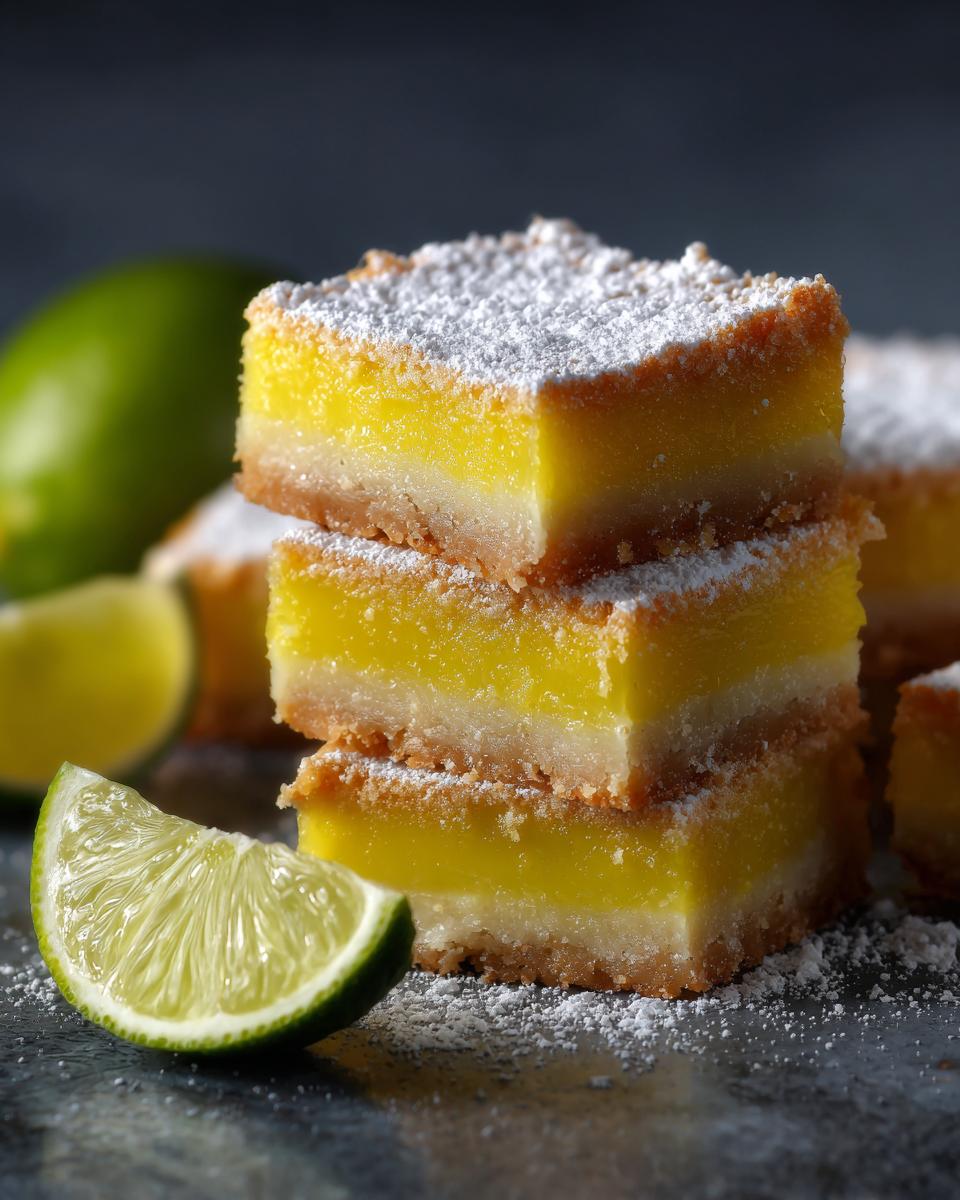 A stack of bright yellow lemon bars dusted with powdered sugar, with lime slices and a whole lime in the background.