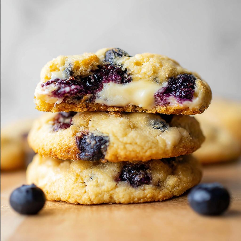 A stack of three delicious Lemon Blueberry Cheesecake Cookies, with a gooey cream cheese filling visible in the top cookie.