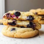 A stack of Lemon Blueberry Cheesecake Cookies, with the top two cookies cut in half to reveal a creamy cheesecake filling and blueberries.
