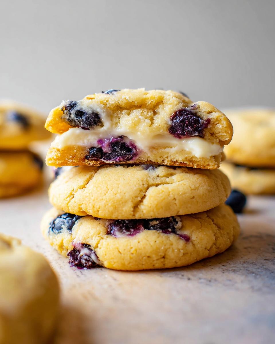 A stack of three Lemon Blueberry Cheesecake Cookies, with the top cookie broken open to reveal a creamy filling and blueberries.