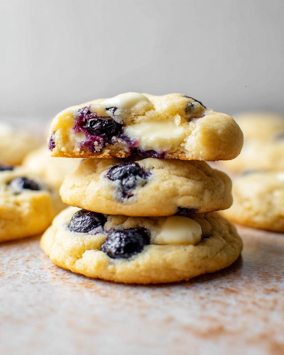 A stack of three Lemon Blueberry Cheesecake Cookies, with the top cookie broken to reveal a creamy cheesecake filling and blueberries.