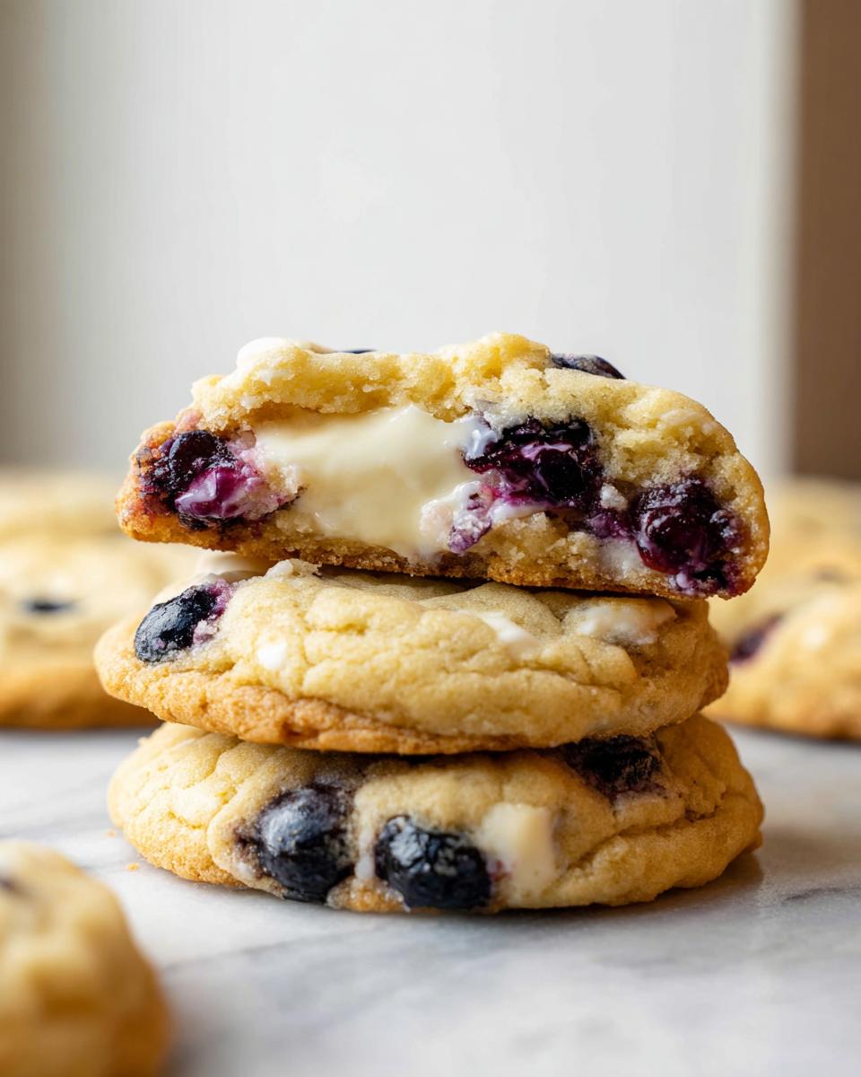 A stack of three Lemon Blueberry Cheesecake Cookies, with the top cookie cut in half to reveal a creamy cheesecake filling and blueberries.
