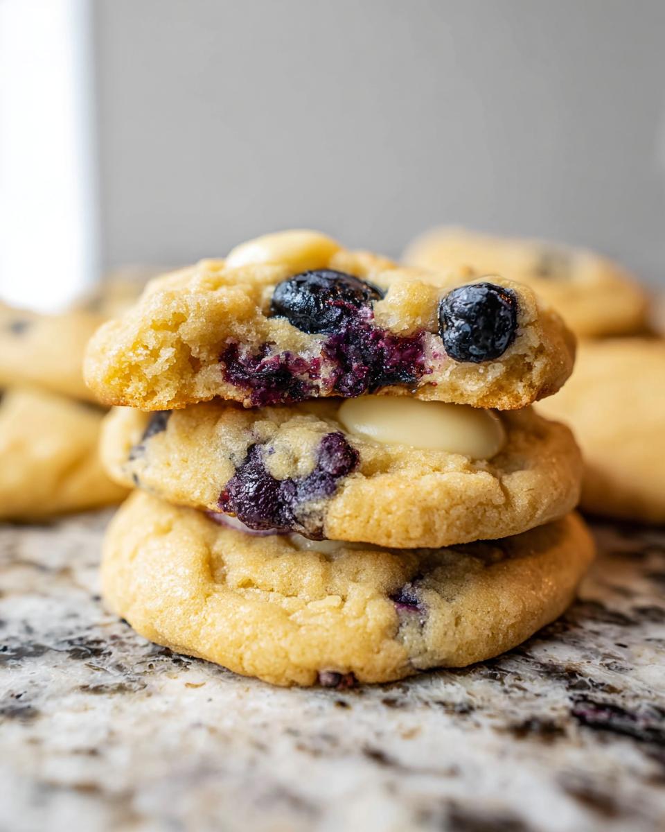 A stack of three delicious Lemon Blueberry Cheesecake Cookies, with blueberries and white chocolate chips visible.