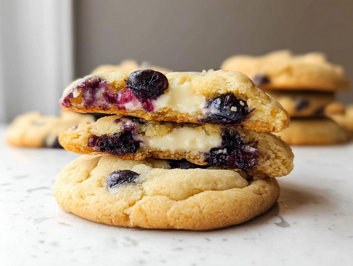 A stack of Lemon Blueberry Cheesecake Cookies, with the top two cookies cut in half to reveal a creamy cheesecake filling and blueberries.