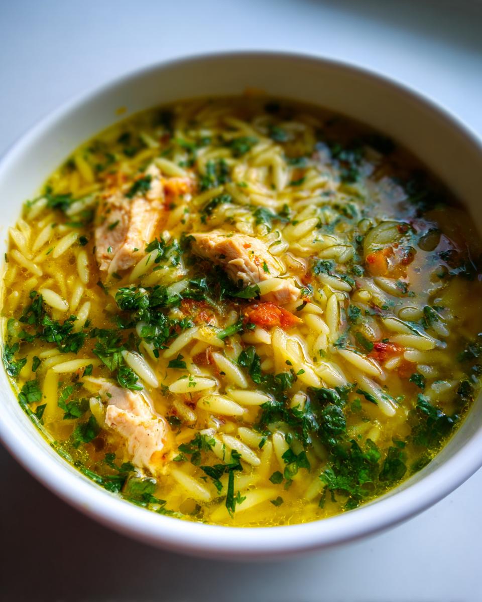A close-up of a bowl of Lemon Chicken Orzo Soup, featuring tender chicken pieces, orzo pasta, and fresh herbs in a golden broth.