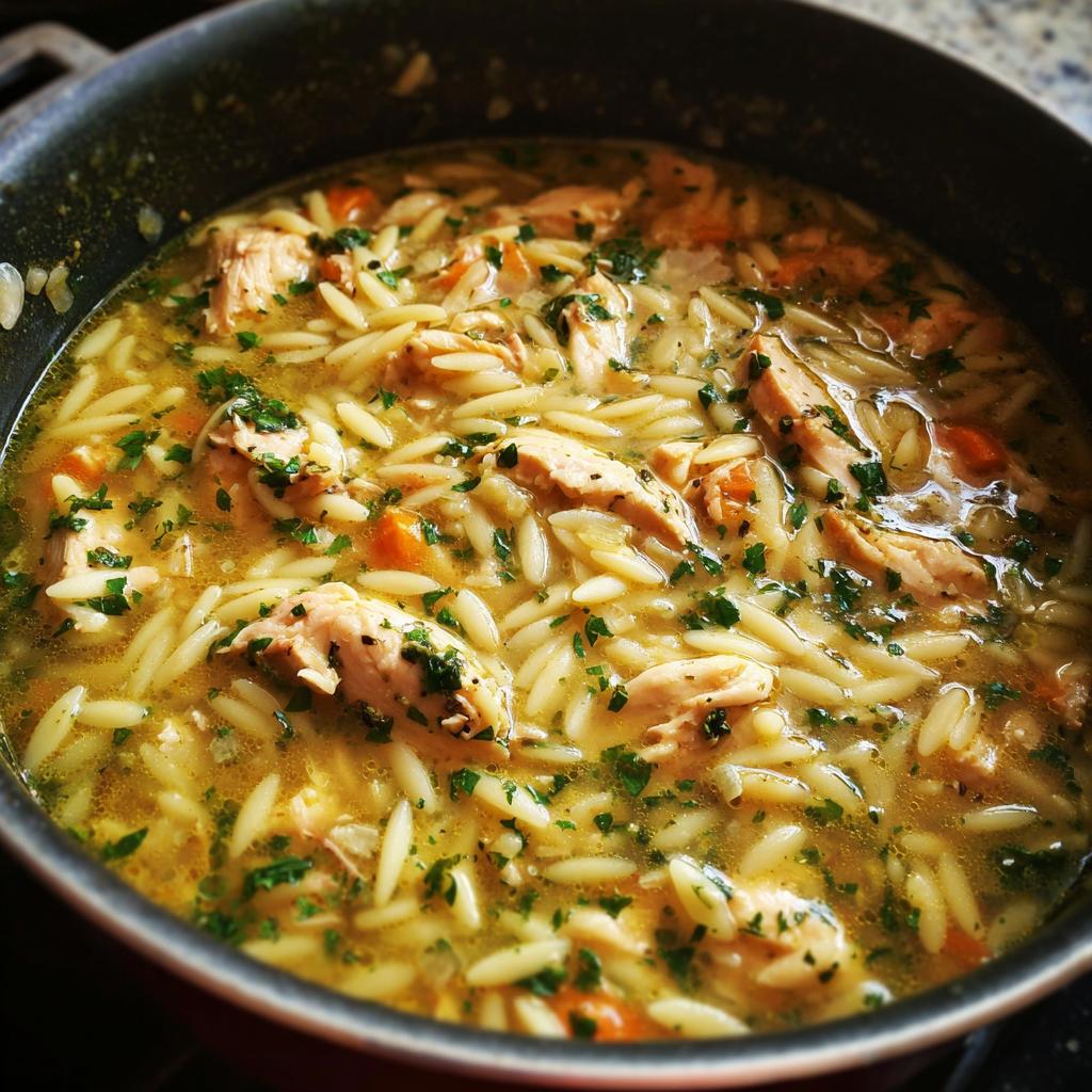 Close-up of a pot filled with Lemon Chicken Orzo Soup With Fresh Herbs, featuring shredded chicken, orzo pasta, carrots, and parsley.