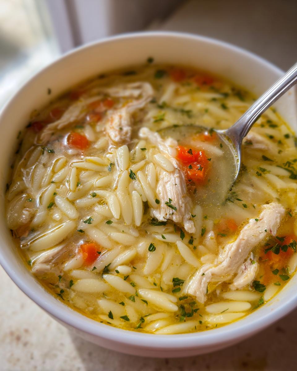 A close-up of a bowl of Lemon Chicken Orzo Soup With Fresh Herbs, featuring shredded chicken, orzo pasta, and chopped carrots.