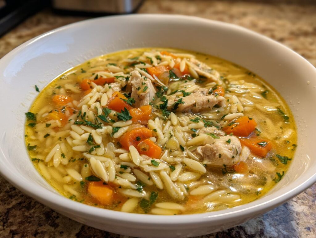 A close-up of a bowl of Lemon Chicken Orzo Soup With Fresh Herbs, featuring tender chicken, orzo pasta, carrots, and parsley.