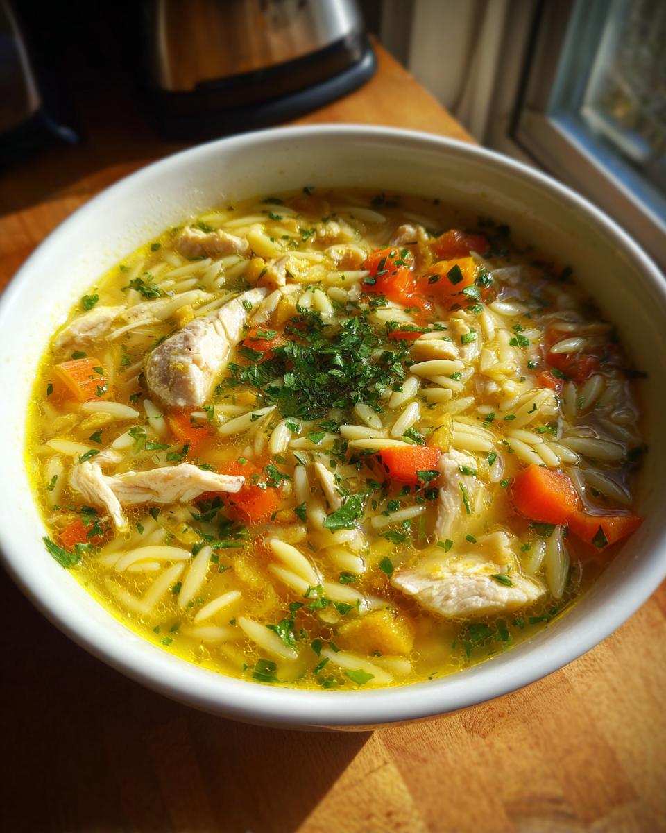 A close-up bowl of Lemon Chicken Orzo Soup with fresh herbs, featuring tender chicken, orzo pasta, and carrots.