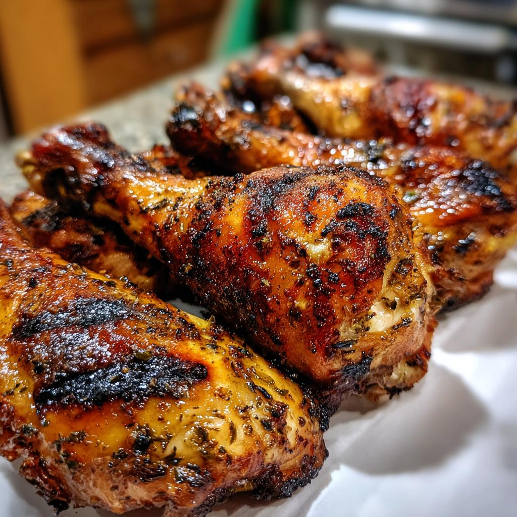 Close-up of perfectly grilled lemon garlic drumsticks with crispy skin and visible herbs.