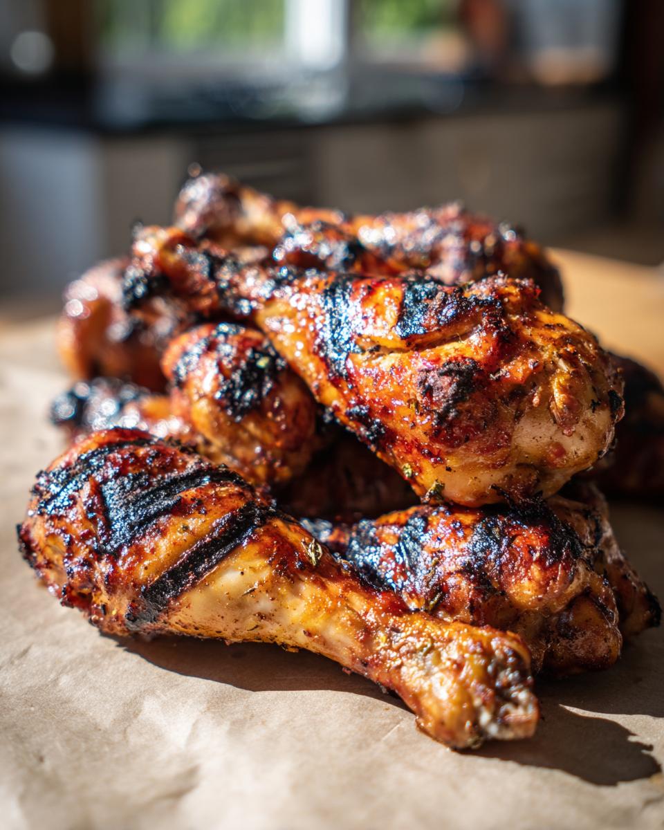 A pile of perfectly grilled lemon garlic drumsticks with char marks, ready for a family cookout.