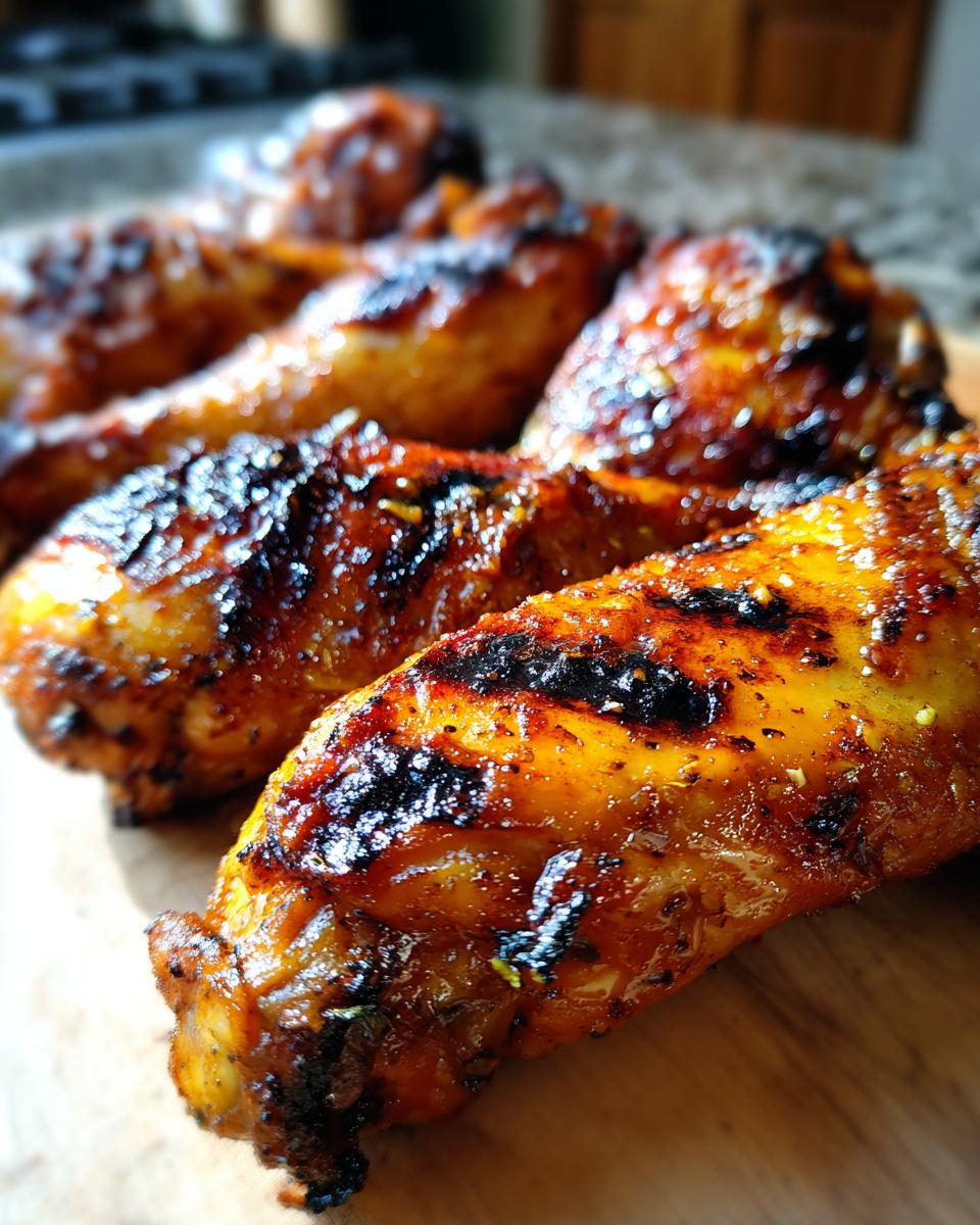 Close-up of grilled lemon garlic drumsticks with char marks and a glossy glaze, ready for a cookout.