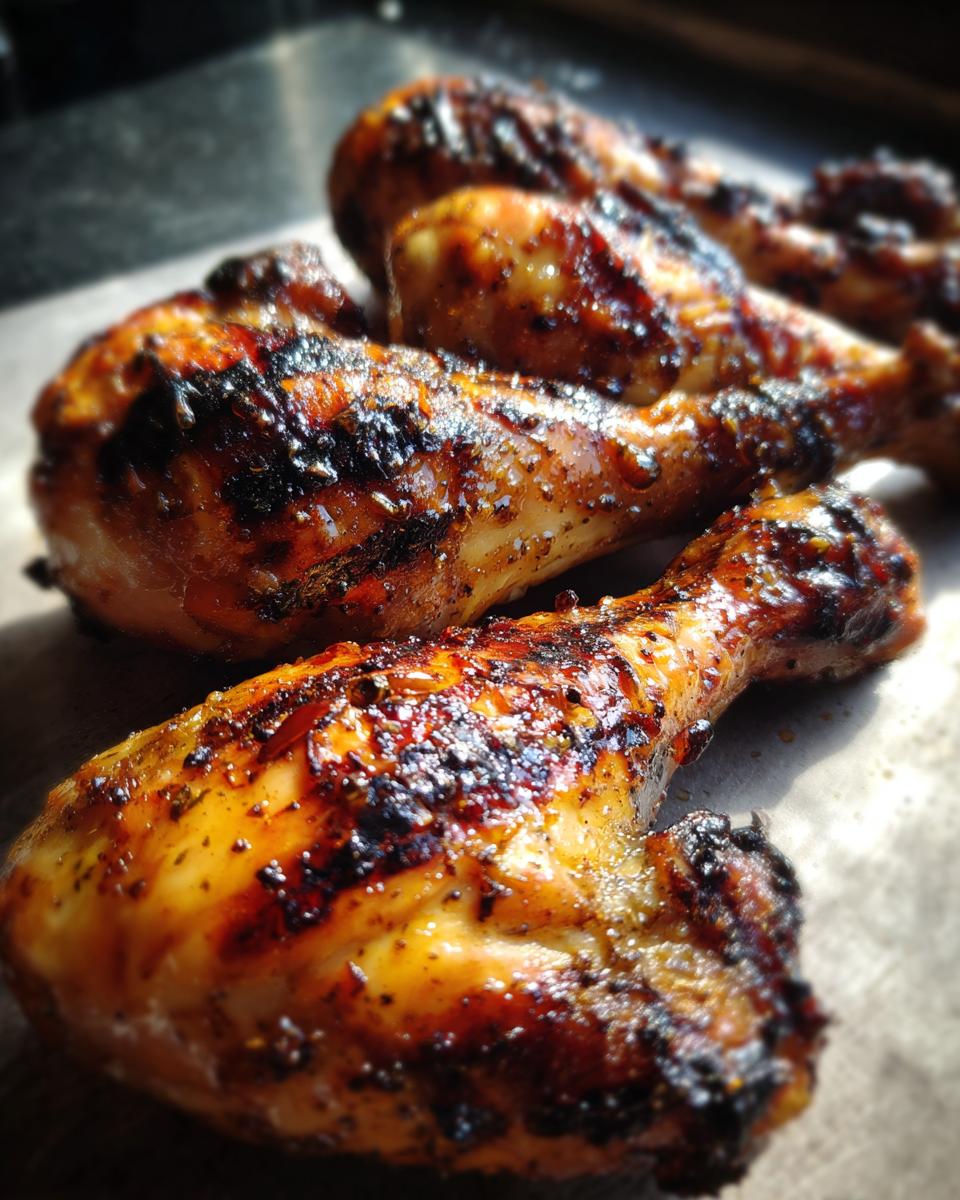 Close-up of grilled lemon garlic drumsticks with crispy, browned skin, perfect for family cookouts.