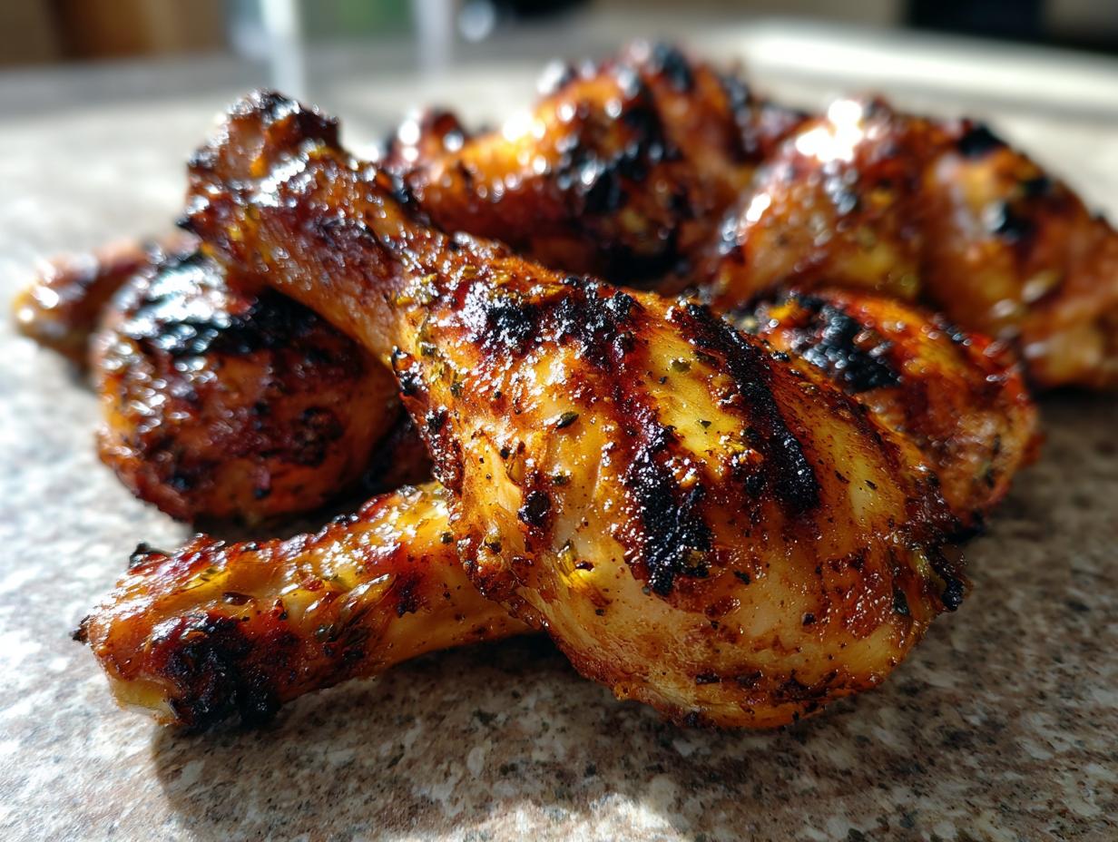 Close-up of perfectly grilled lemon garlic drumsticks with char marks and glistening skin.