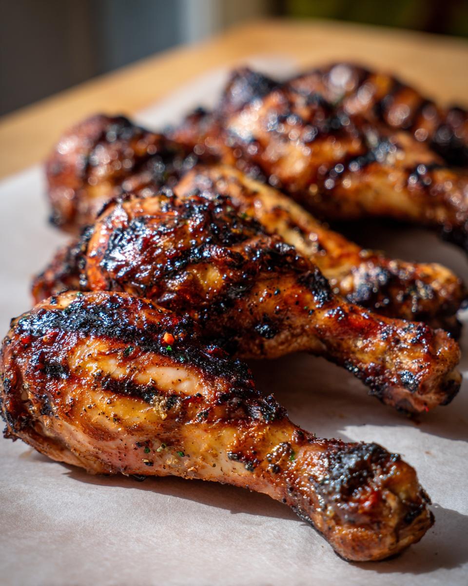 Close-up of perfectly grilled lemon garlic drumsticks with char marks and a glossy glaze.