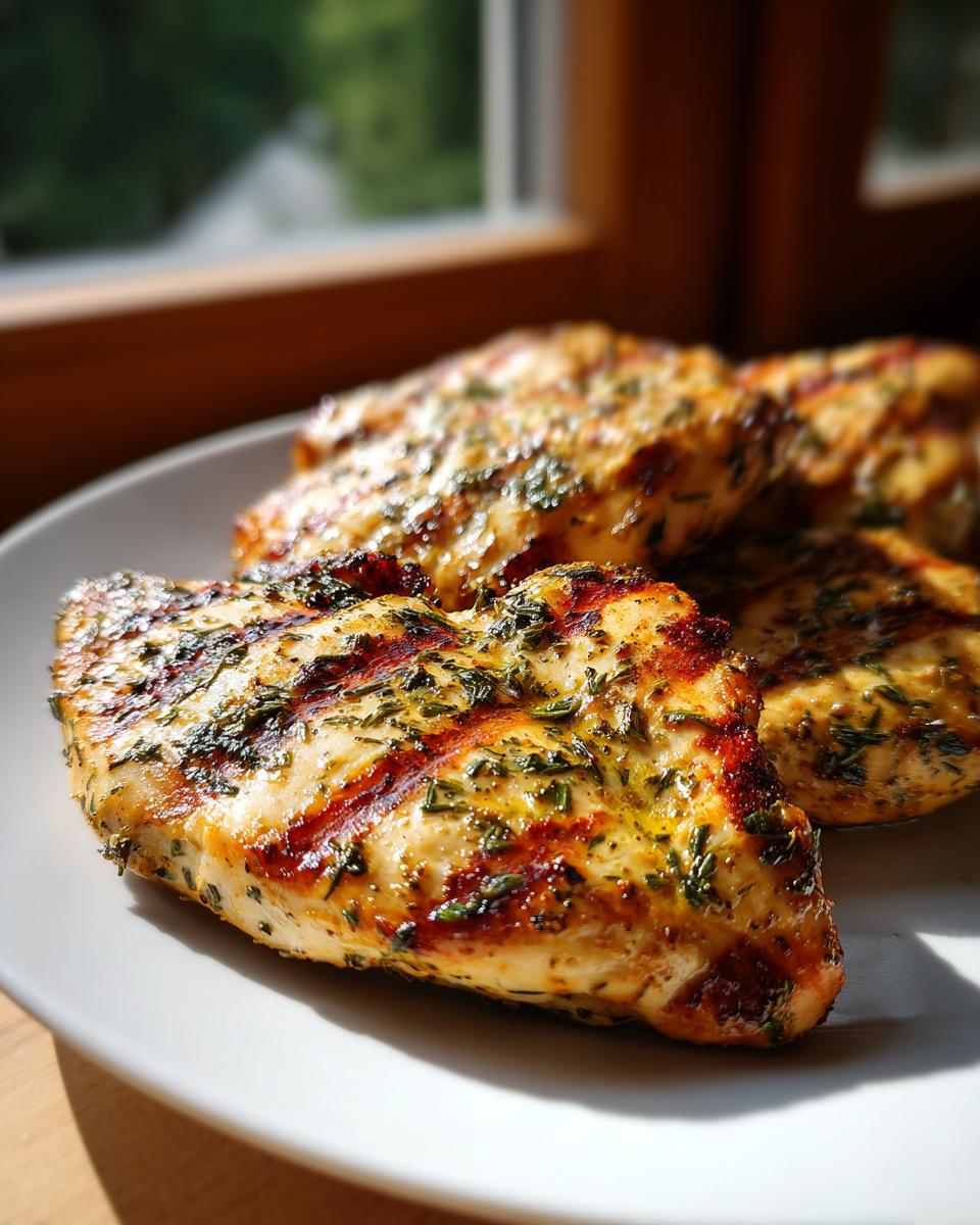 Close-up of juicy lemon herb grilled chicken breasts on a white plate, showing grill marks and herbs.