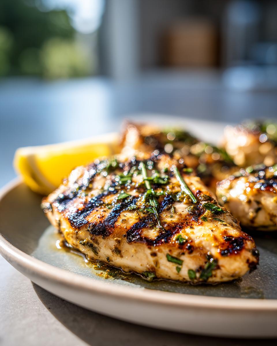 Close-up of a juicy lemon herb grilled chicken breast on a plate with a lemon wedge.