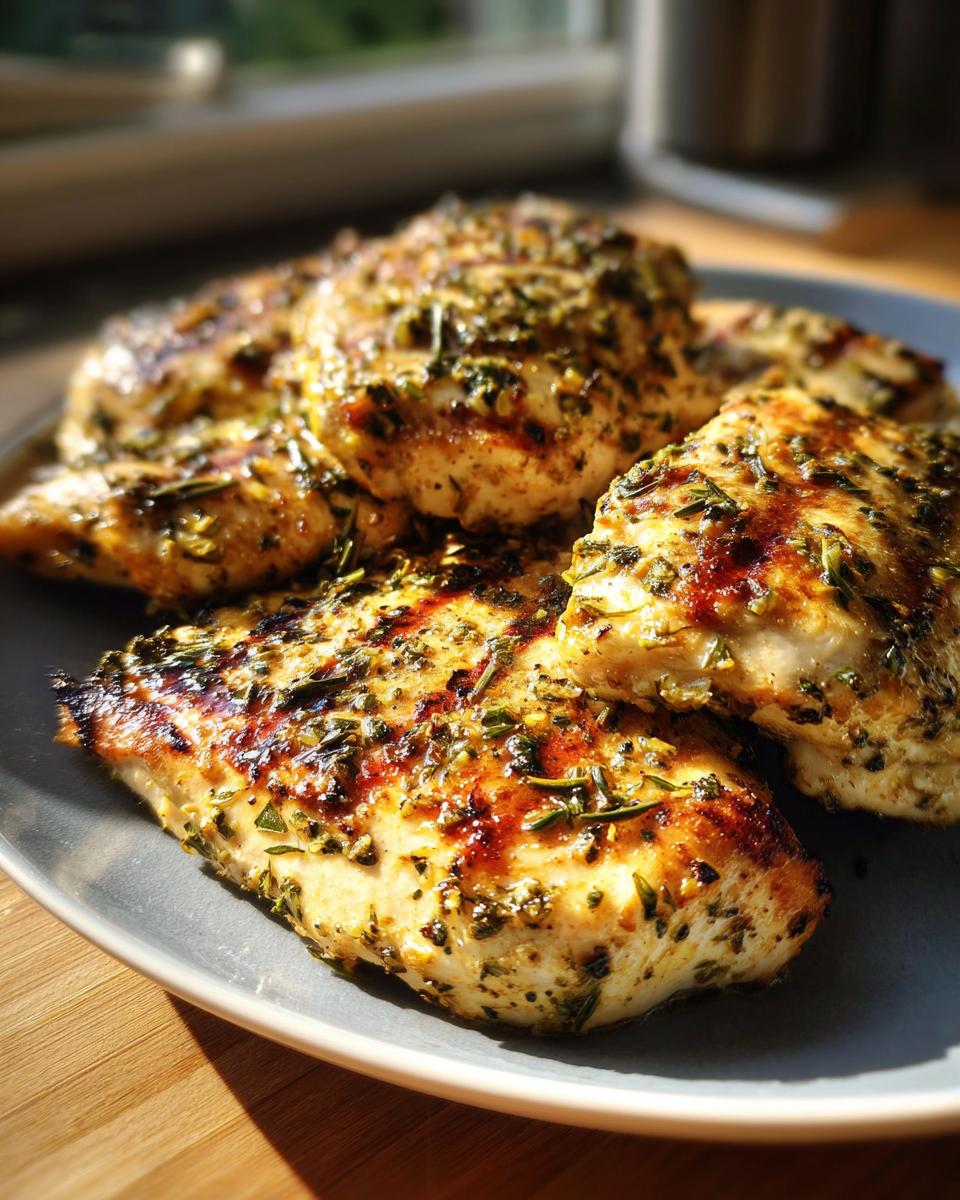 Close-up of grilled chicken breasts seasoned with lemon and herbs on a plate.