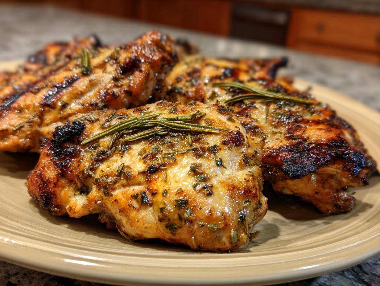 Close-up of juicy lemon herb grilled chicken breasts on a plate, garnished with rosemary.