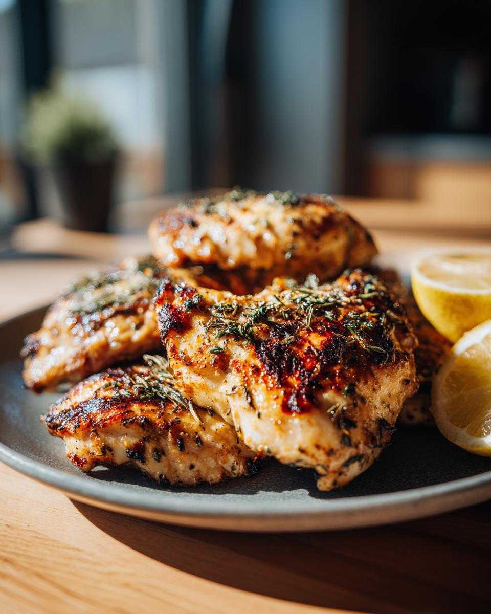 A close-up of grilled chicken breast seasoned with lemon and herbs, served on a plate with lemon wedges.