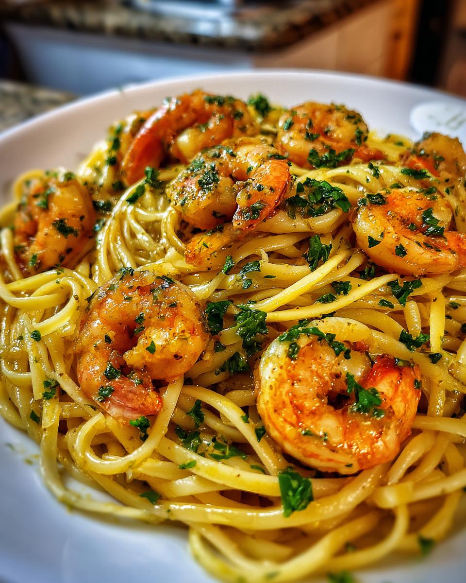 Close-up of bright and zesty lemon shrimp linguine, garnished with chopped fresh parsley.
