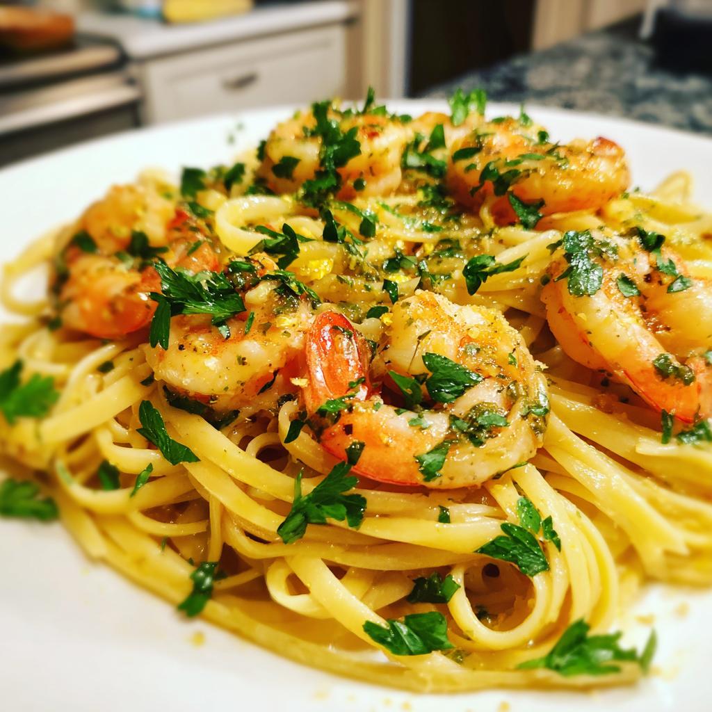 A close-up of bright and zesty lemon shrimp linguine pasta, garnished with fresh parsley.