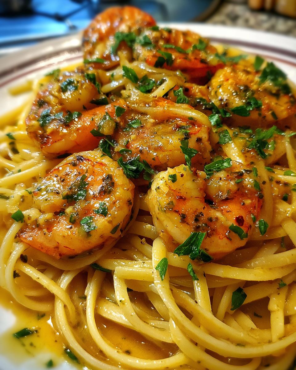 Close-up of Lemon Shrimp Linguine pasta, featuring plump shrimp in a zesty sauce with fresh parsley.