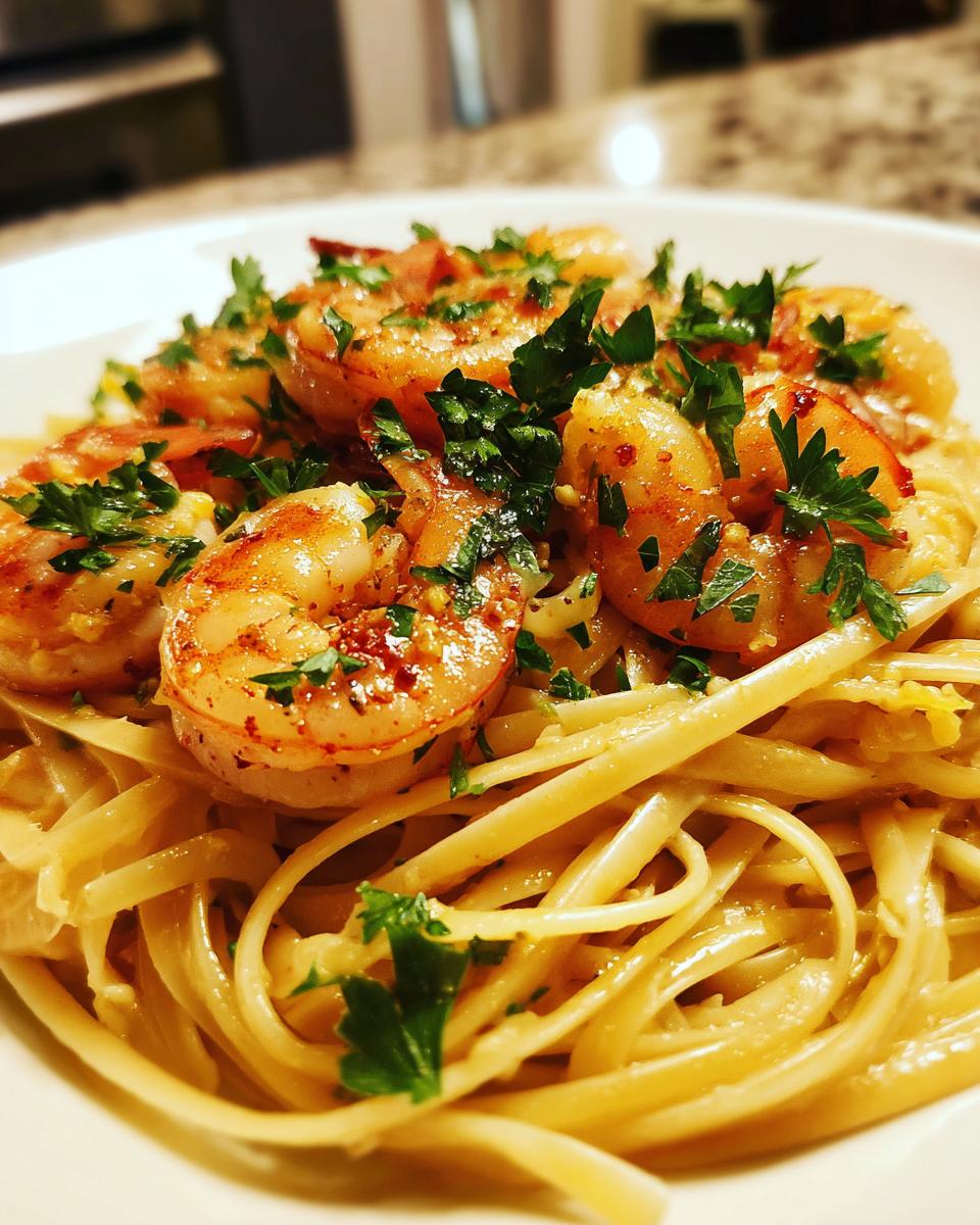 Close-up of a white bowl filled with Lemon Shrimp Linguine pasta, topped with succulent shrimp and fresh parsley.