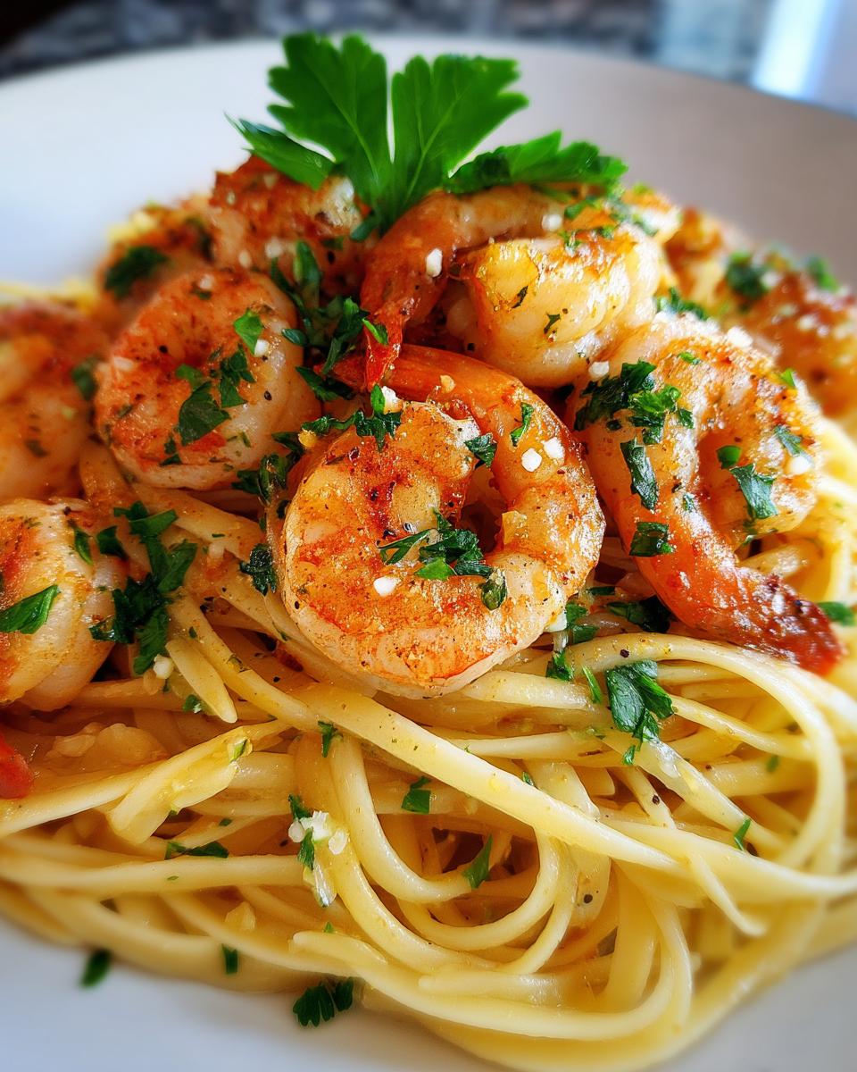 Close-up of a plate of lemon shrimp linguine pasta, featuring plump shrimp and fresh parsley.