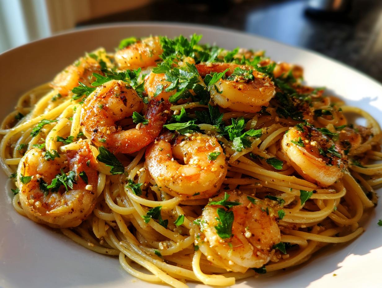 A close-up of a plate of Lemon Shrimp Linguine pasta, topped with fresh parsley and seasoned shrimp.