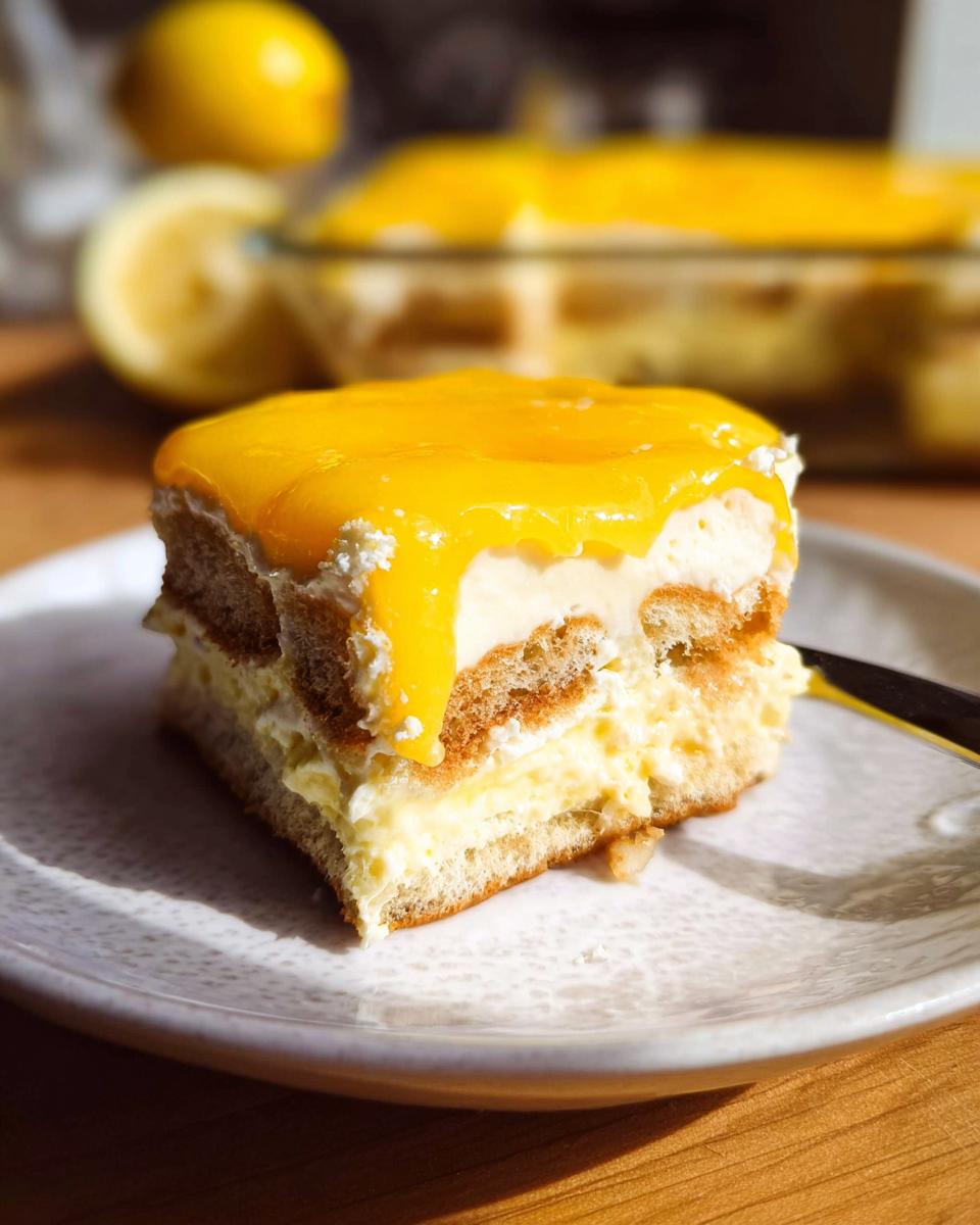 A slice of Lemon Tiramisu on a plate, showcasing layers of ladyfingers, creamy filling, and bright yellow lemon topping.