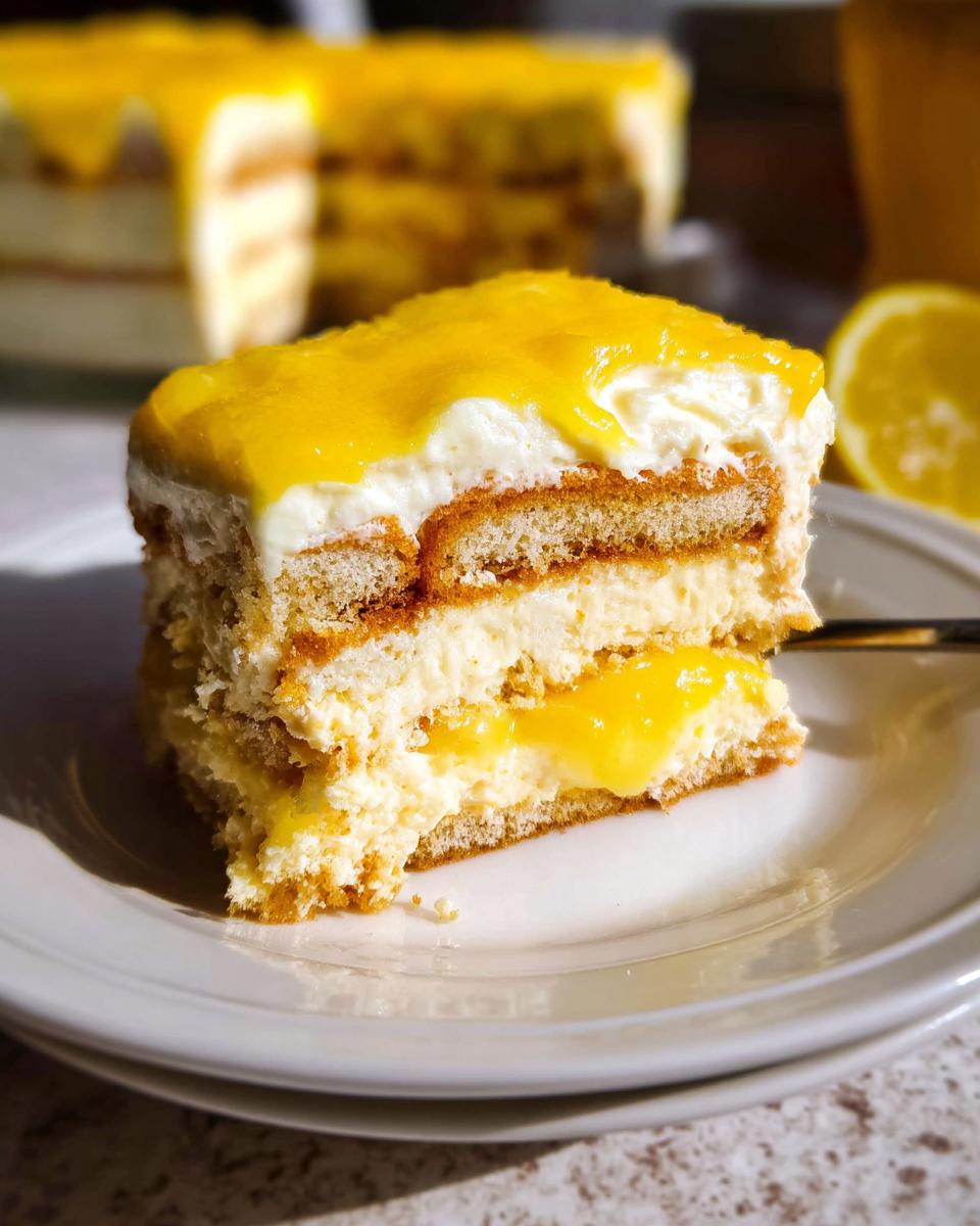 A close-up of a slice of Lemon Tiramisu, showing layers of ladyfingers, creamy filling, and bright lemon curd.