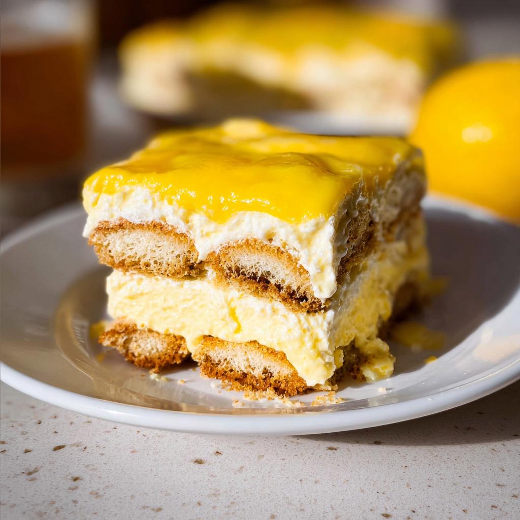 A close-up of a slice of Lemon Tiramisu, showing layers of ladyfingers, creamy lemon filling, and a bright yellow lemon topping.