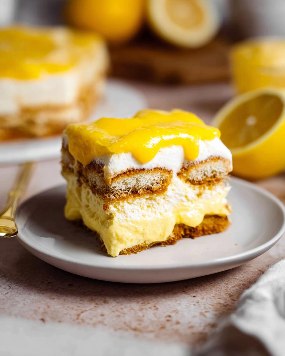 A close-up of a slice of Lemon Tiramisu on a white plate, featuring layers of ladyfingers, cream, and bright lemon curd.