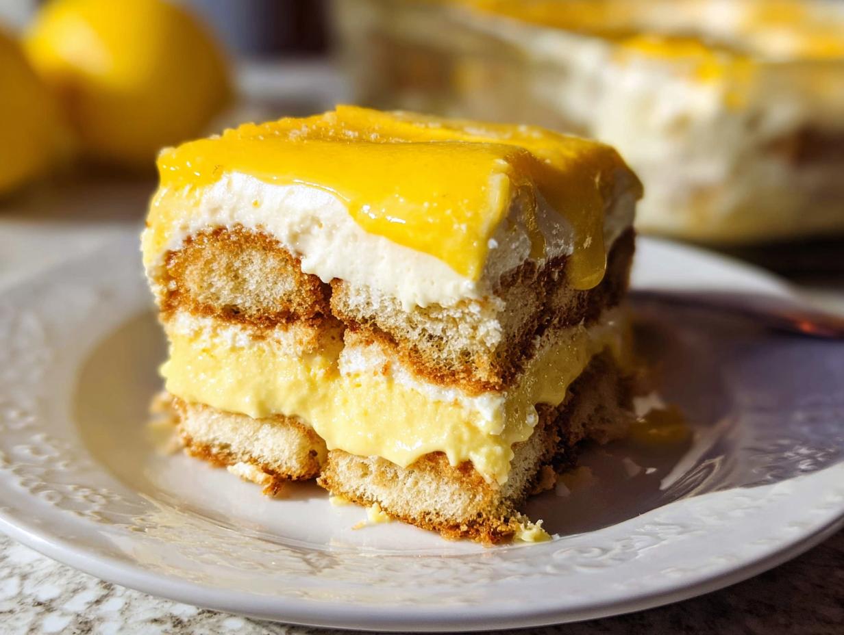 A slice of layered Lemon Tiramisu dessert on a white plate, featuring ladyfingers, creamy lemon filling, and whipped cream.
